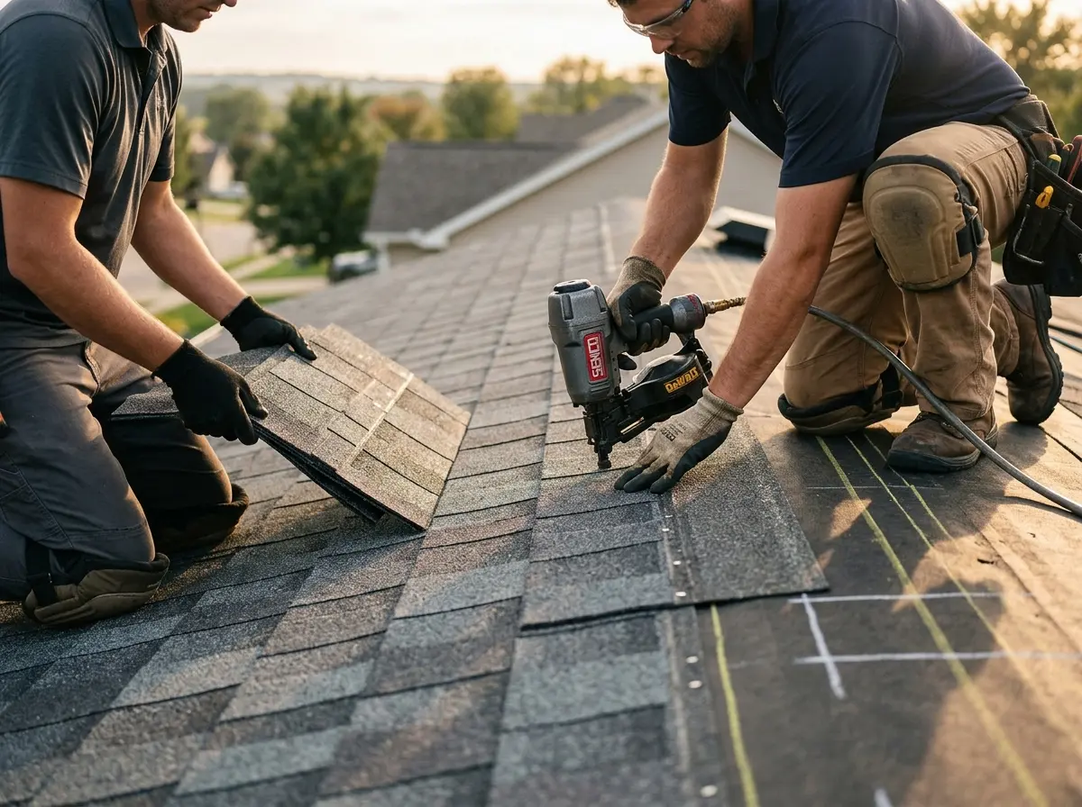 Professional roofer working on a residential roof in Levelland